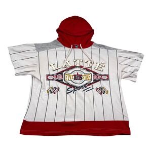 Vintage Latte Shirt Mens Large White Red Hooded Short Sleeve Pinstripe Sports